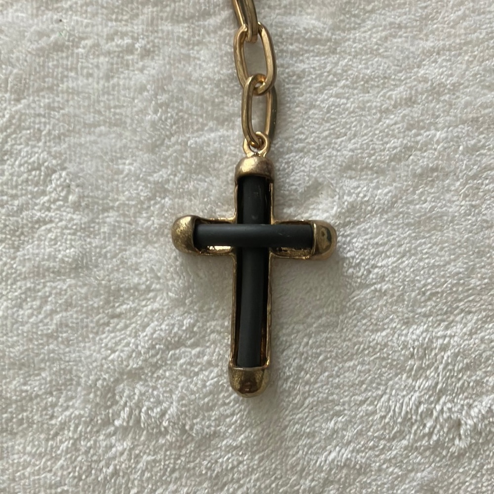 Heavy Gold Tone and Black Leather Cross by Shay